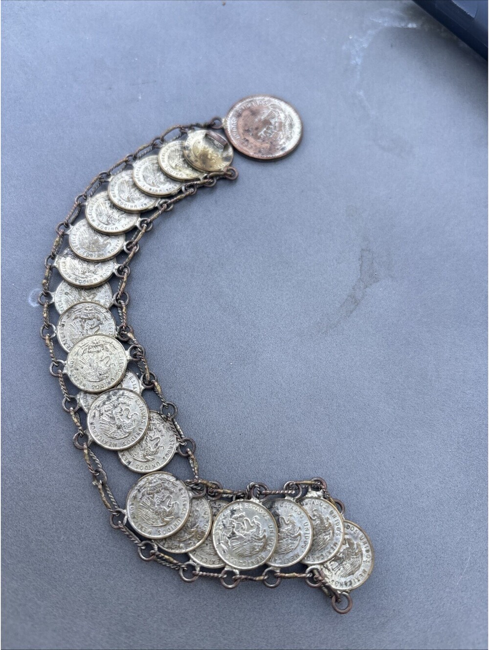 8" Vintage Mexican Silver Coin Bracelet Centavos (21 coins) 1950s Eagle